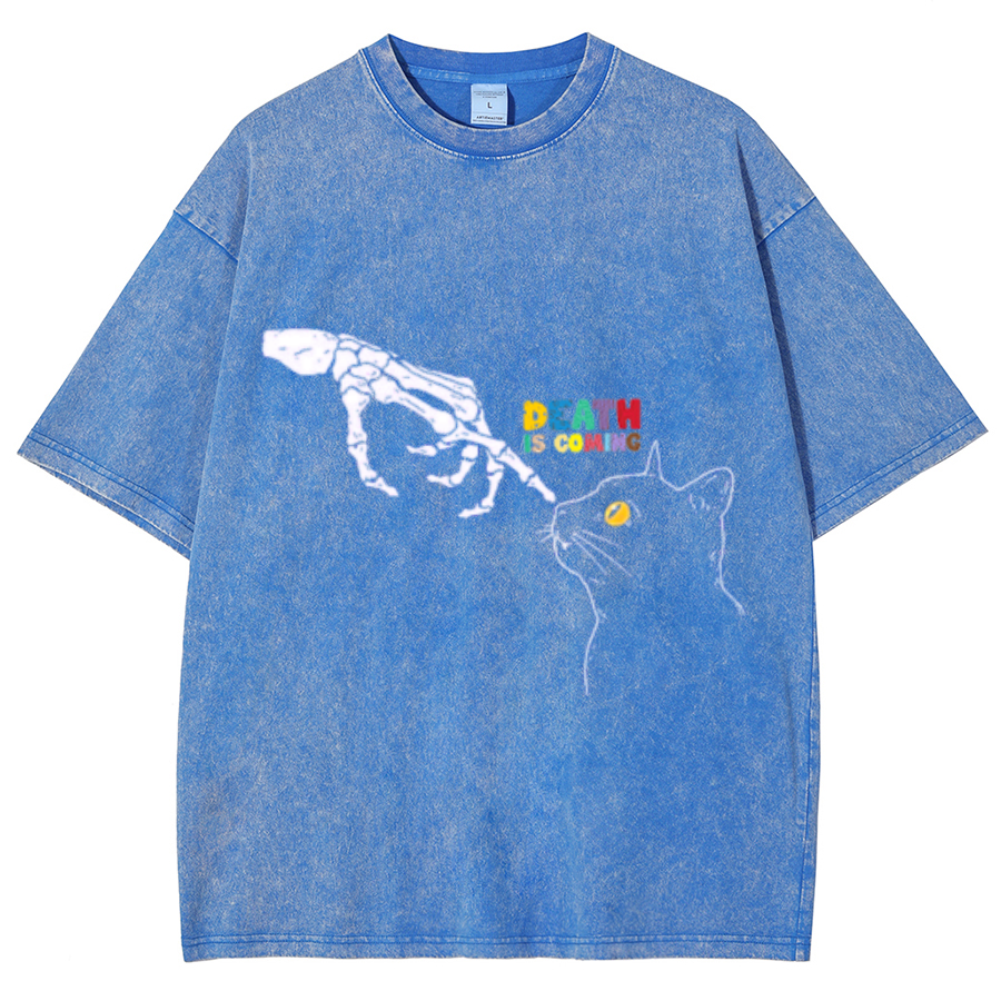 Death Is Coming Unisex Oversized Print Vintage Wash Denim T-Shirt-Print-cool