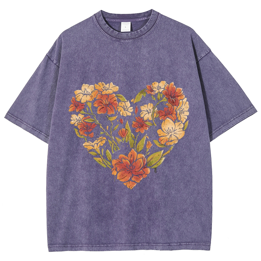 Flowers Cat Unisex Oversized Print Vintage Wash Denim T-Shirt-Print-cool