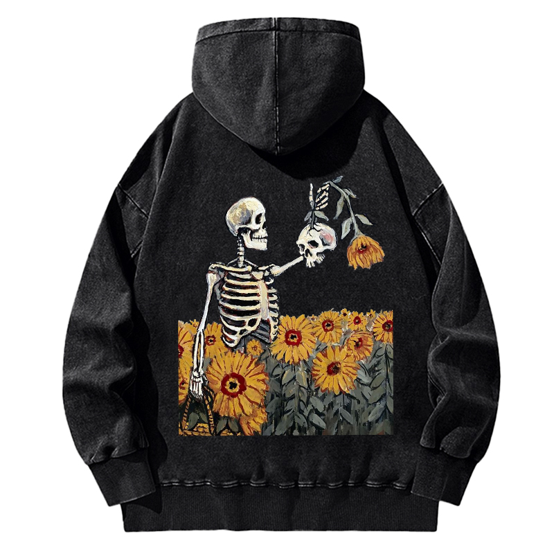 Unisex Casual Washed Sunflower Skull Illustration Printed Hoodie Sweatshirt