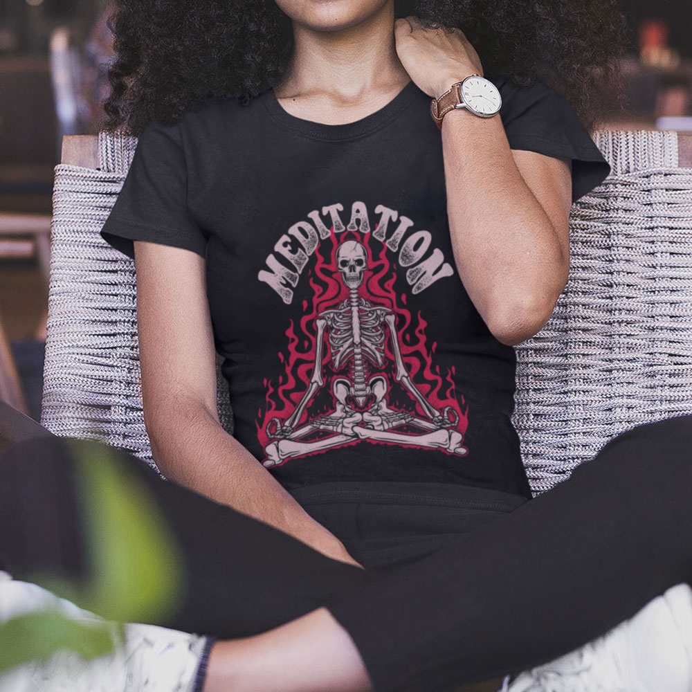 Meditation Skull Women Round Neck Casual Short Sleeve T-Shirt 2405002051