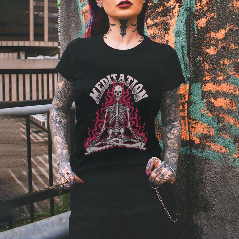 Meditation Skull Women Round Neck Casual Short Sleeve T-Shirt 2405002051