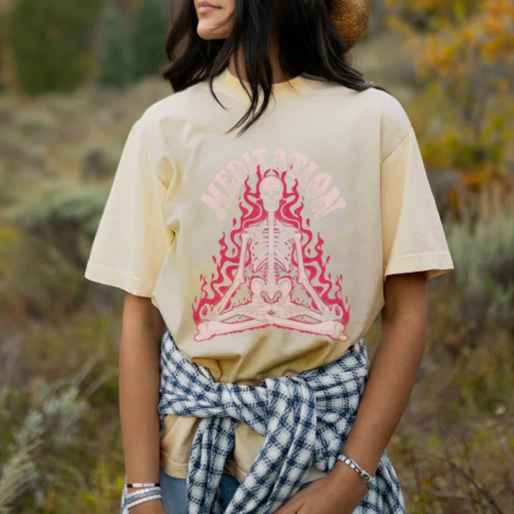 Meditation Skull Women Round Neck Casual Short Sleeve T-Shirt 2405002051