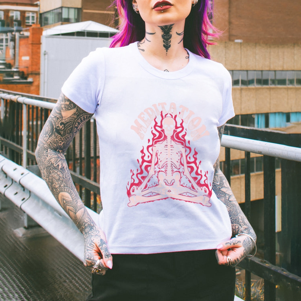 Meditation Skull Women Round Neck Casual Short Sleeve T-Shirt 2405002051