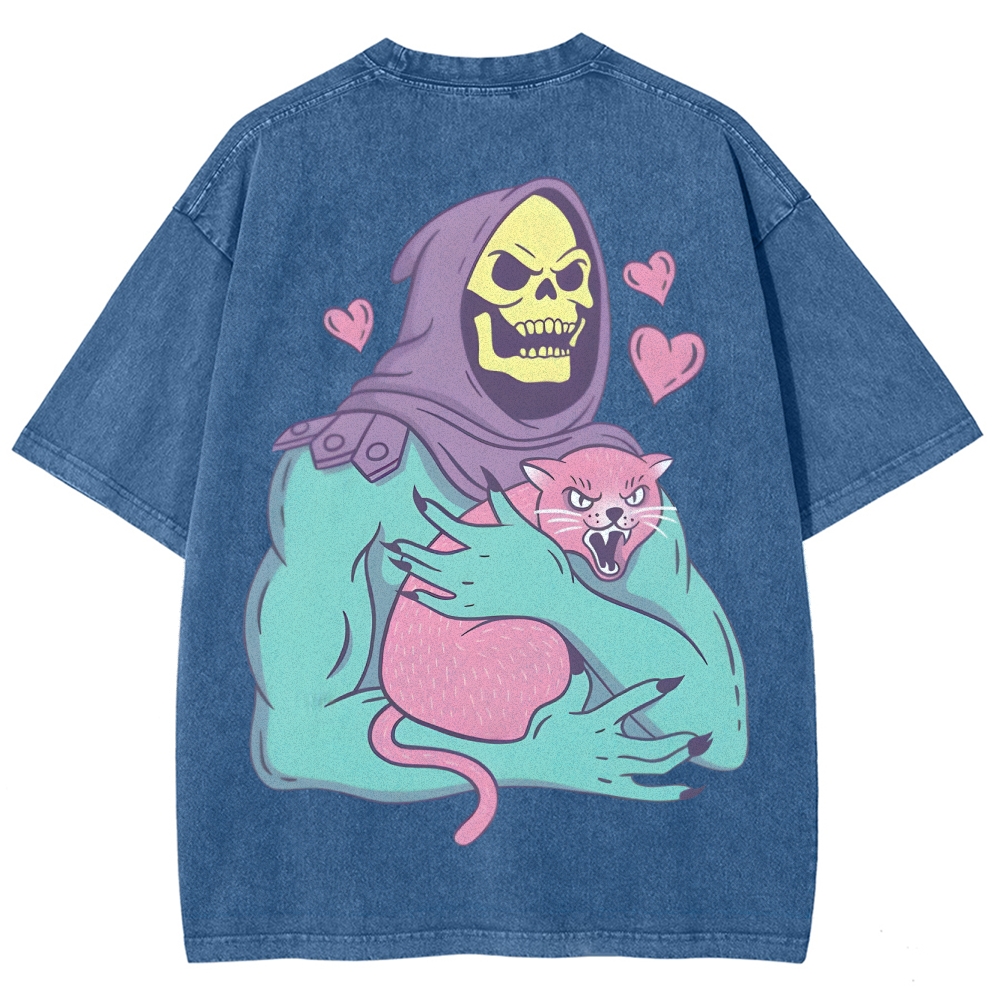 Funny Skull Cat Customized Unisex Fit Washed T-Shirt