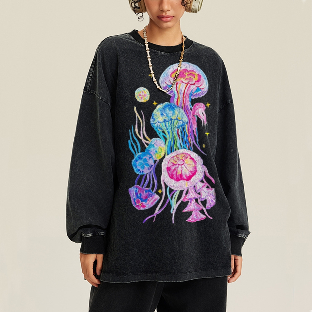 Jellyfish Unisex Casual Washed Printed Long Sleeve T-shirt