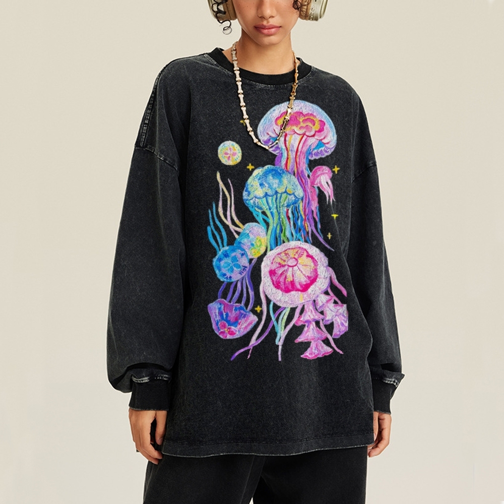 Jellyfish Unisex Casual Washed Printed Long Sleeve T-shirt