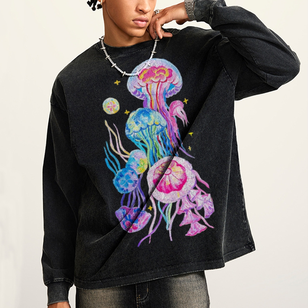 Jellyfish Unisex Casual Washed Printed Long Sleeve T-shirt