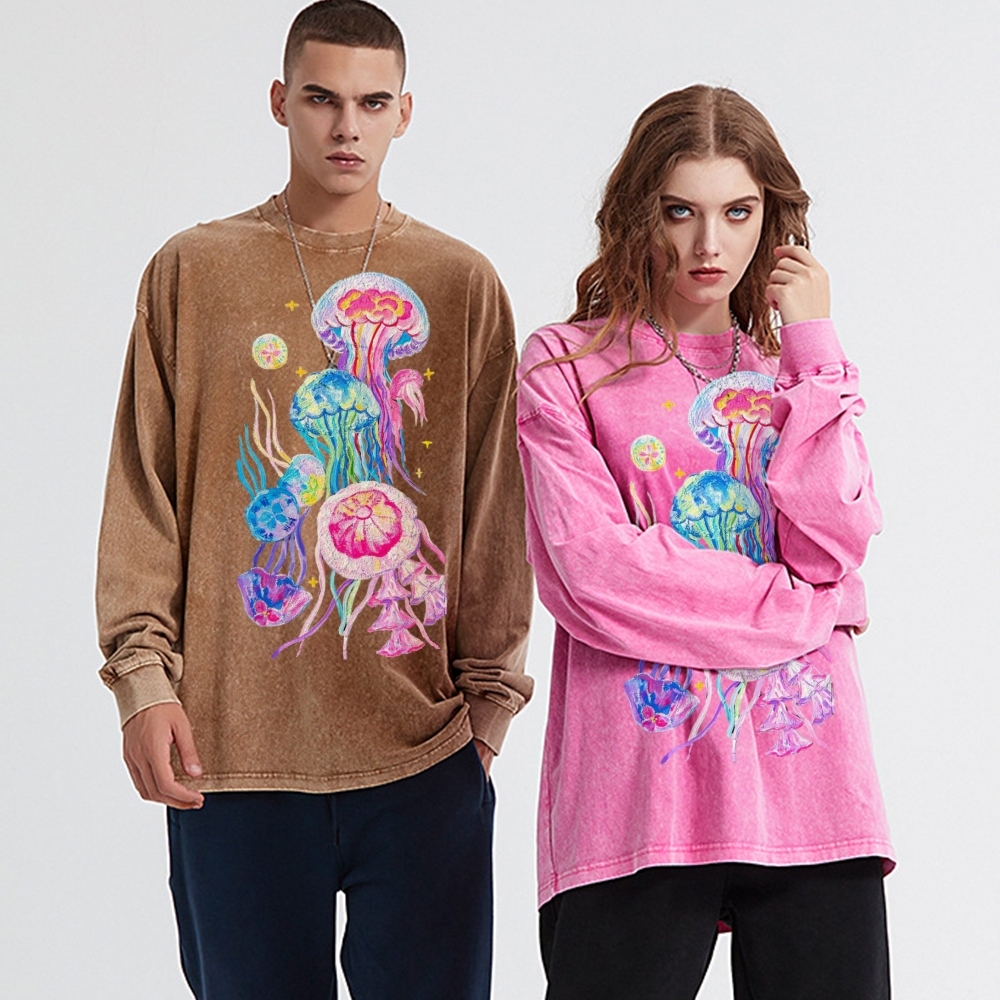 Jellyfish Unisex Casual Washed Printed Long Sleeve T-shirt
