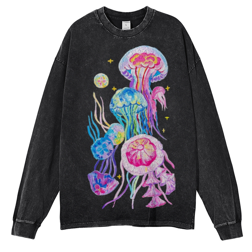 Jellyfish Unisex Casual Washed Printed Long Sleeve T-shirt