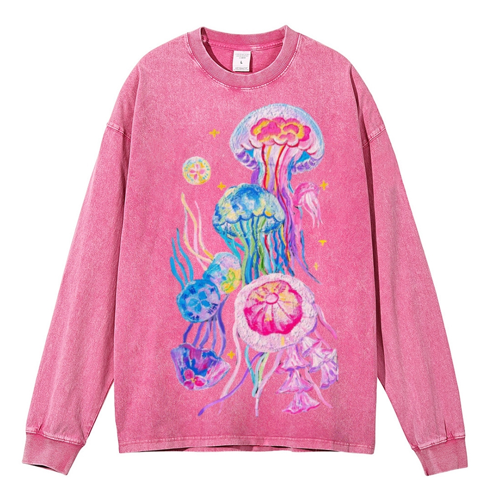 Jellyfish Unisex Casual Washed Printed Long Sleeve T-shirt