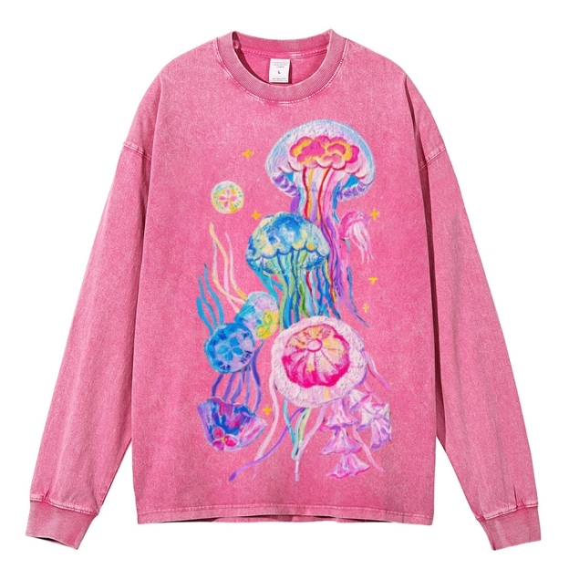 Jellyfish Unisex Casual Washed Printed Long Sleeve T-shirt