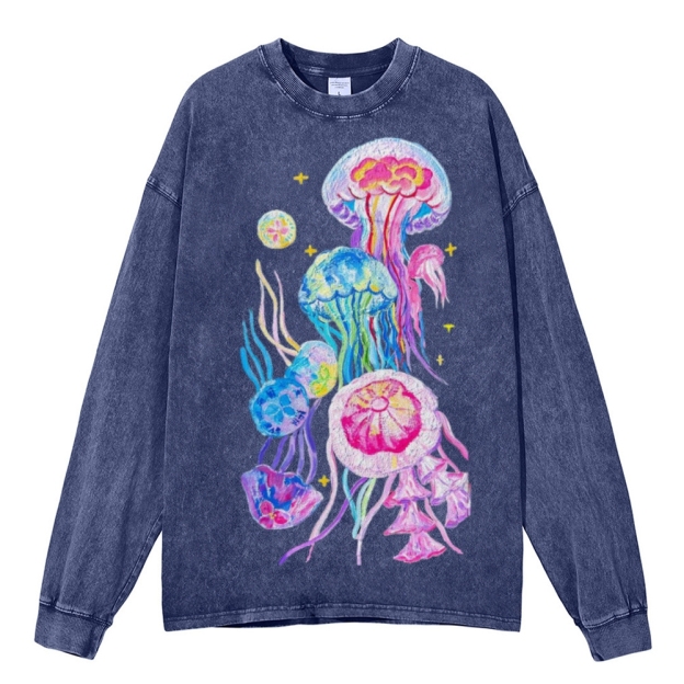 Jellyfish Unisex Casual Washed Printed Long Sleeve T-shirt