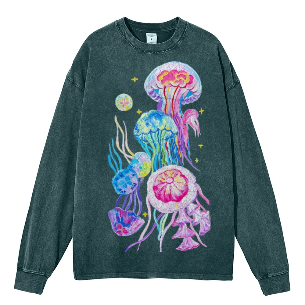Jellyfish Unisex Casual Washed Printed Long Sleeve T-shirt