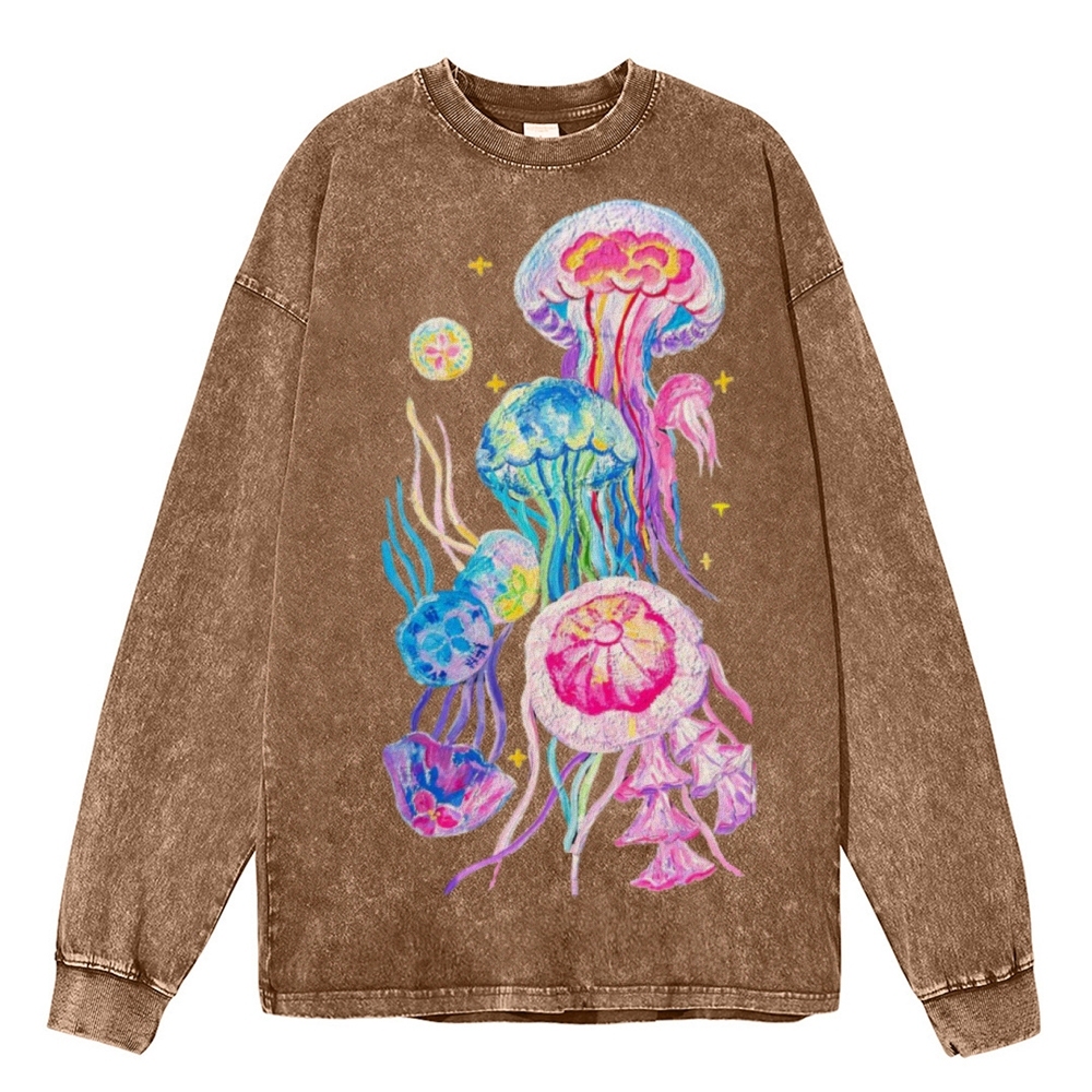 Jellyfish Unisex Casual Washed Printed Long Sleeve T-shirt