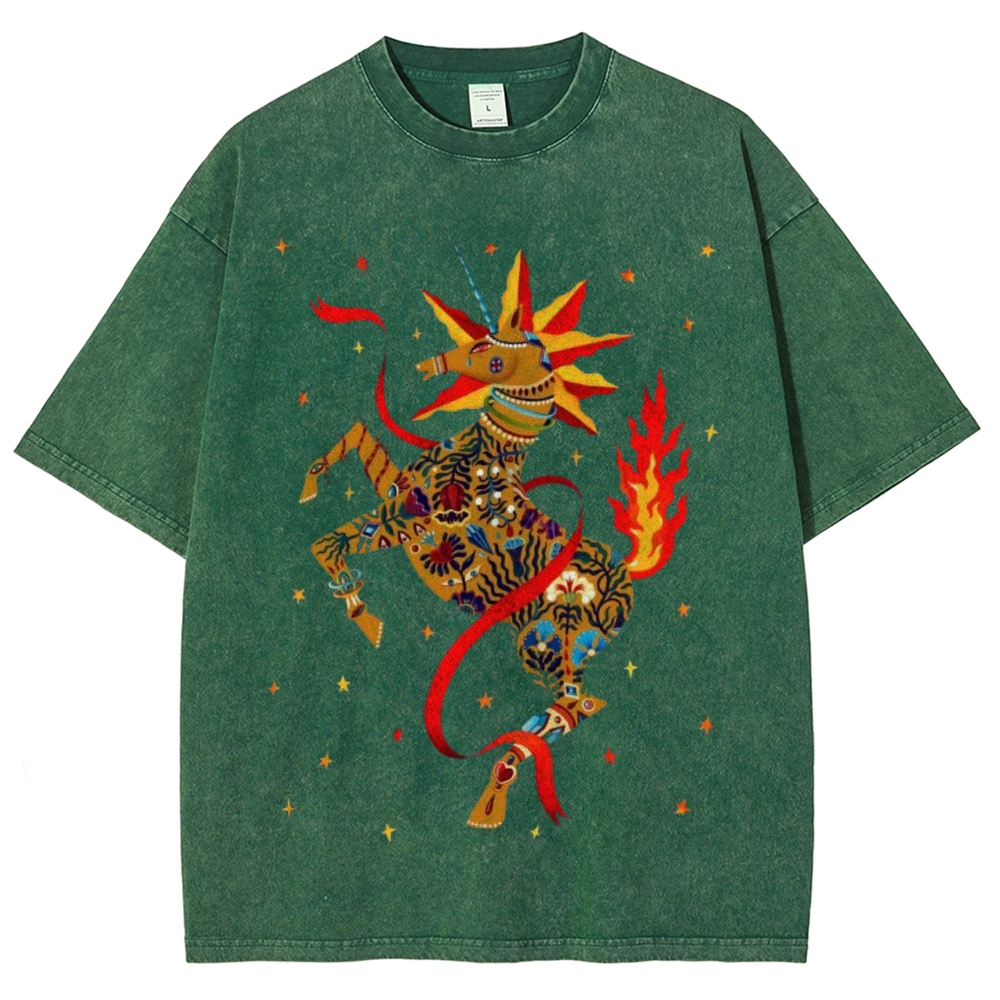 Flaming Unicorn Unisex Vintage Washed Tee
