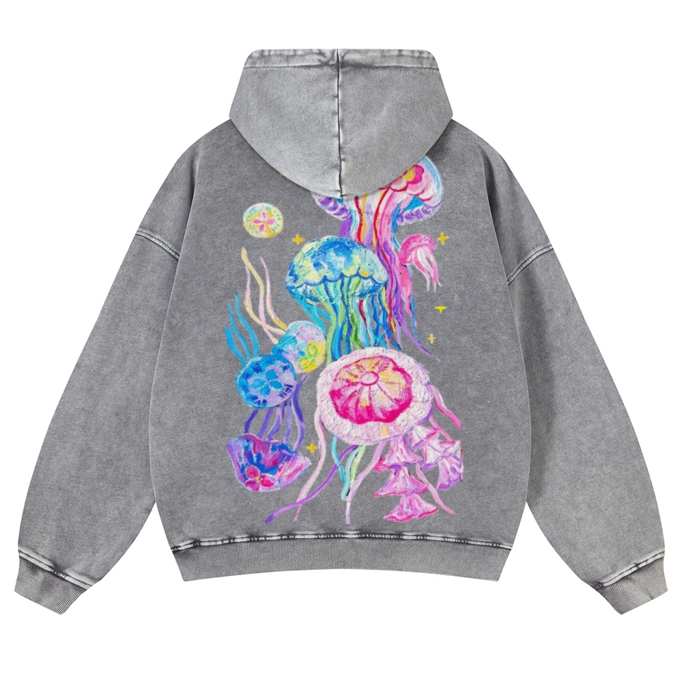 Jellyfish Back Print Casual Washed Hoodie