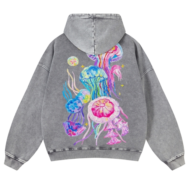 Jellyfish Back Print Casual Washed Hoodie