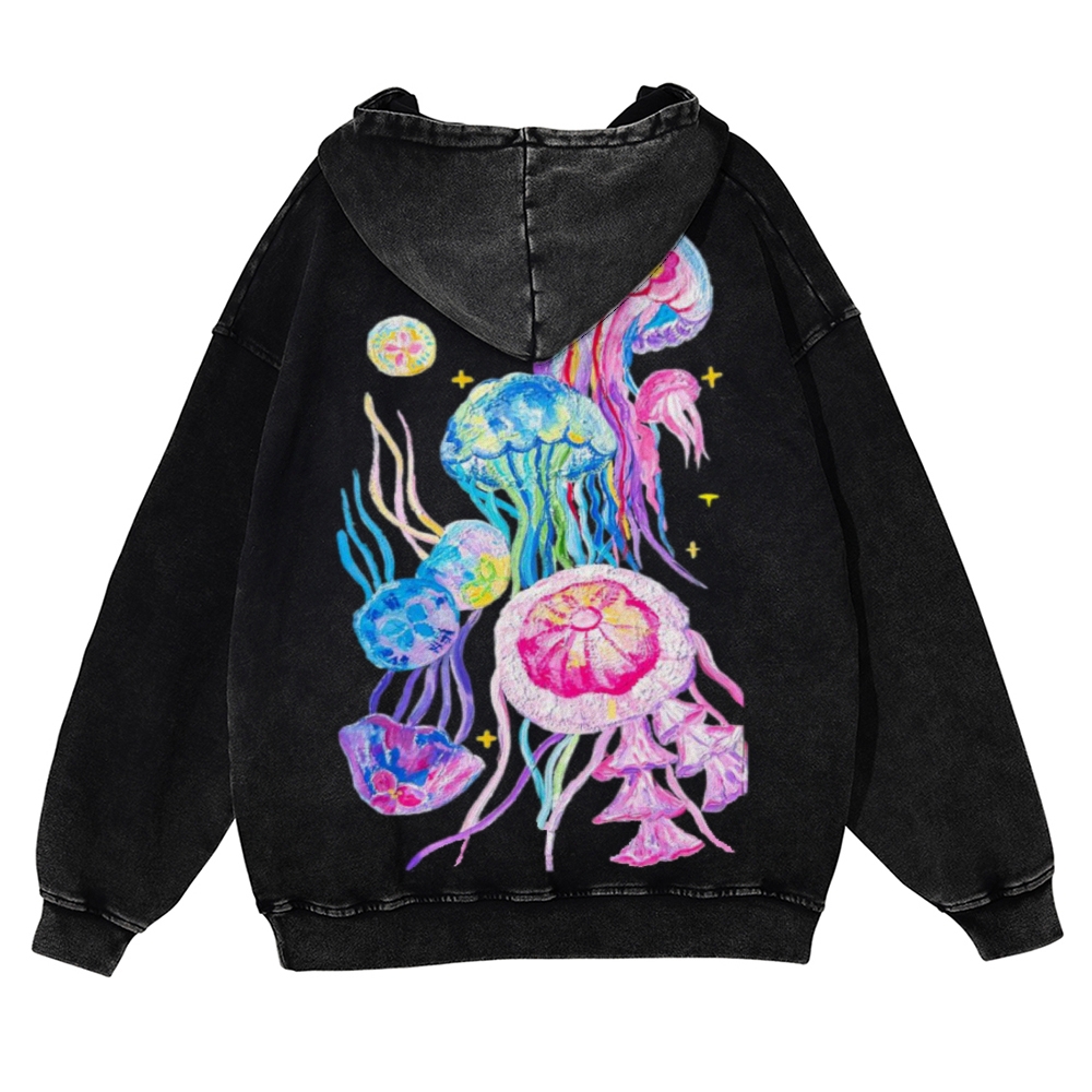 Jellyfish Back Print Casual Washed Hoodie