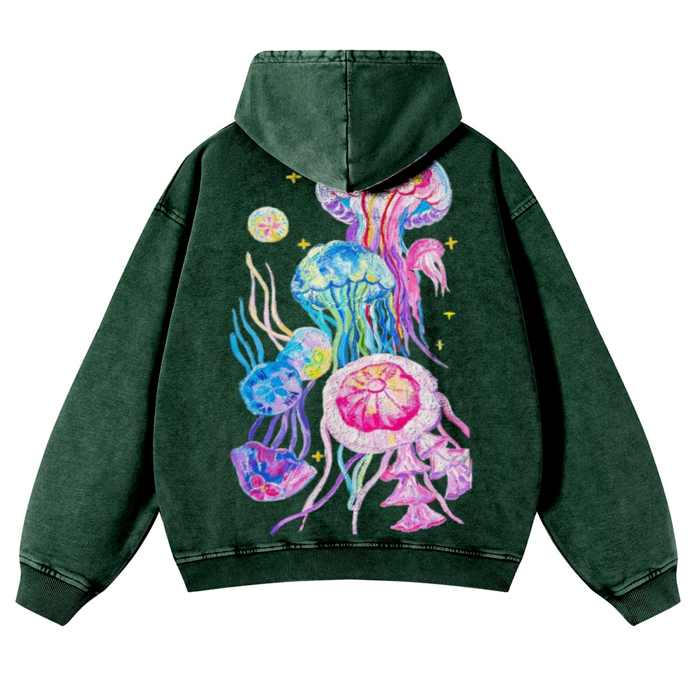 Jellyfish Back Print Casual Washed Hoodie