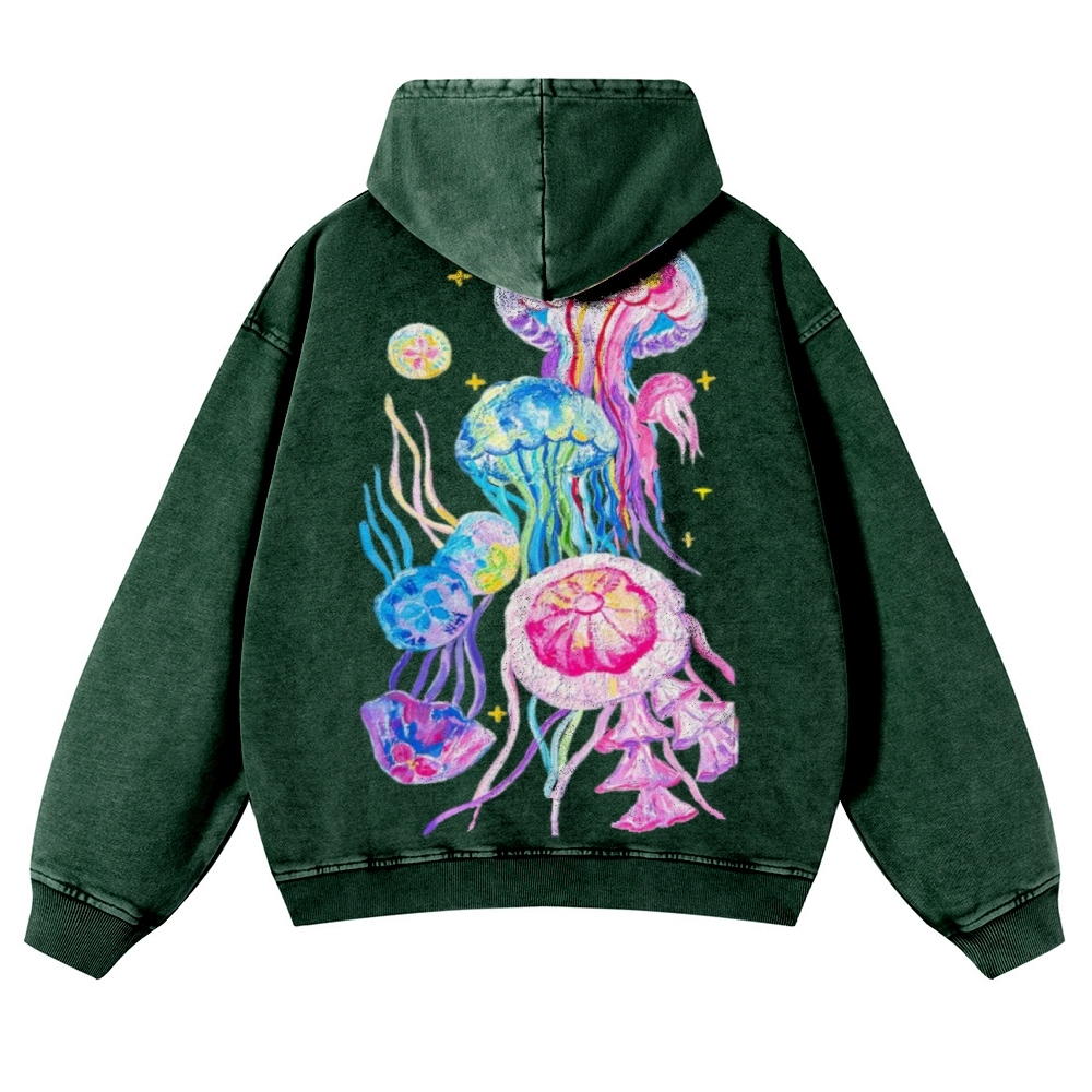 Jellyfish Back Print Casual Washed Hoodie