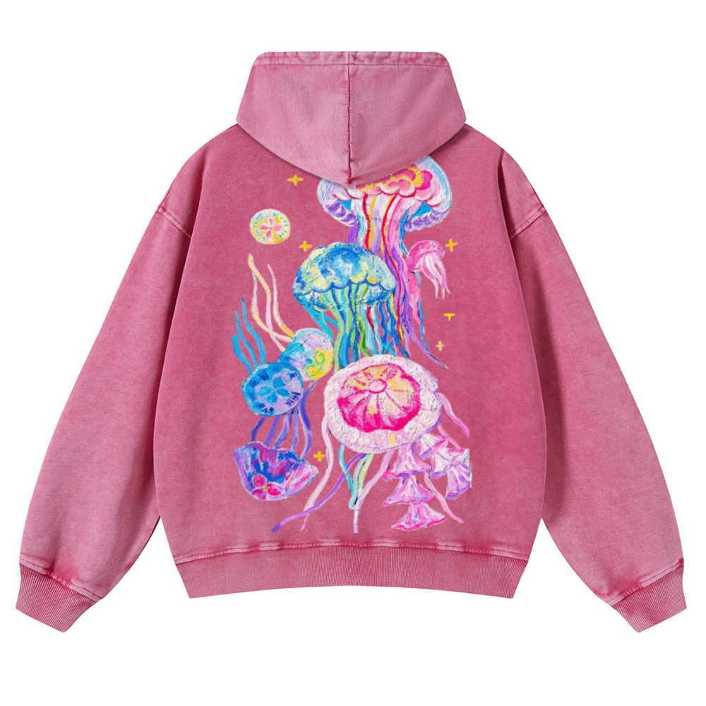 Jellyfish Back Print Casual Washed Hoodie