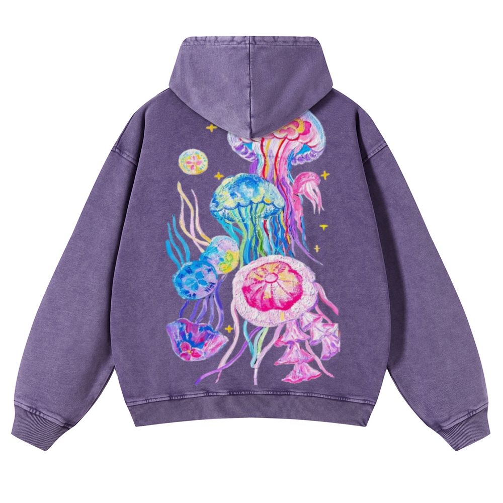 Jellyfish Back Print Casual Washed Hoodie