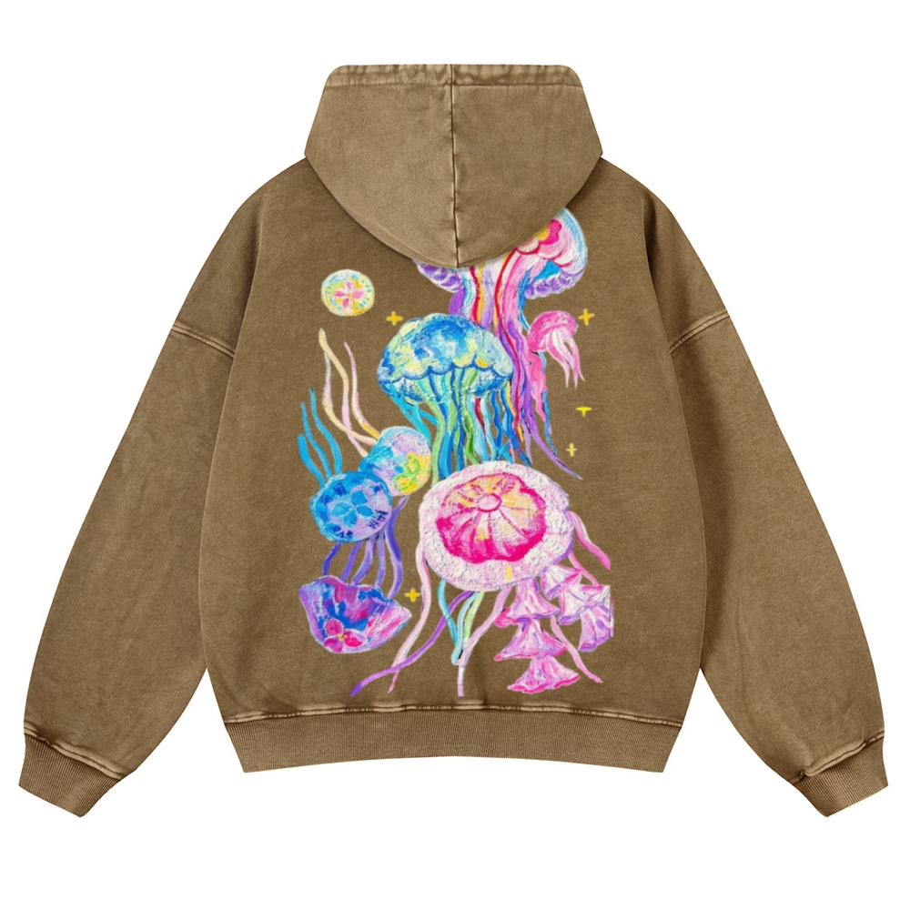 Jellyfish Back Print Casual Washed Hoodie