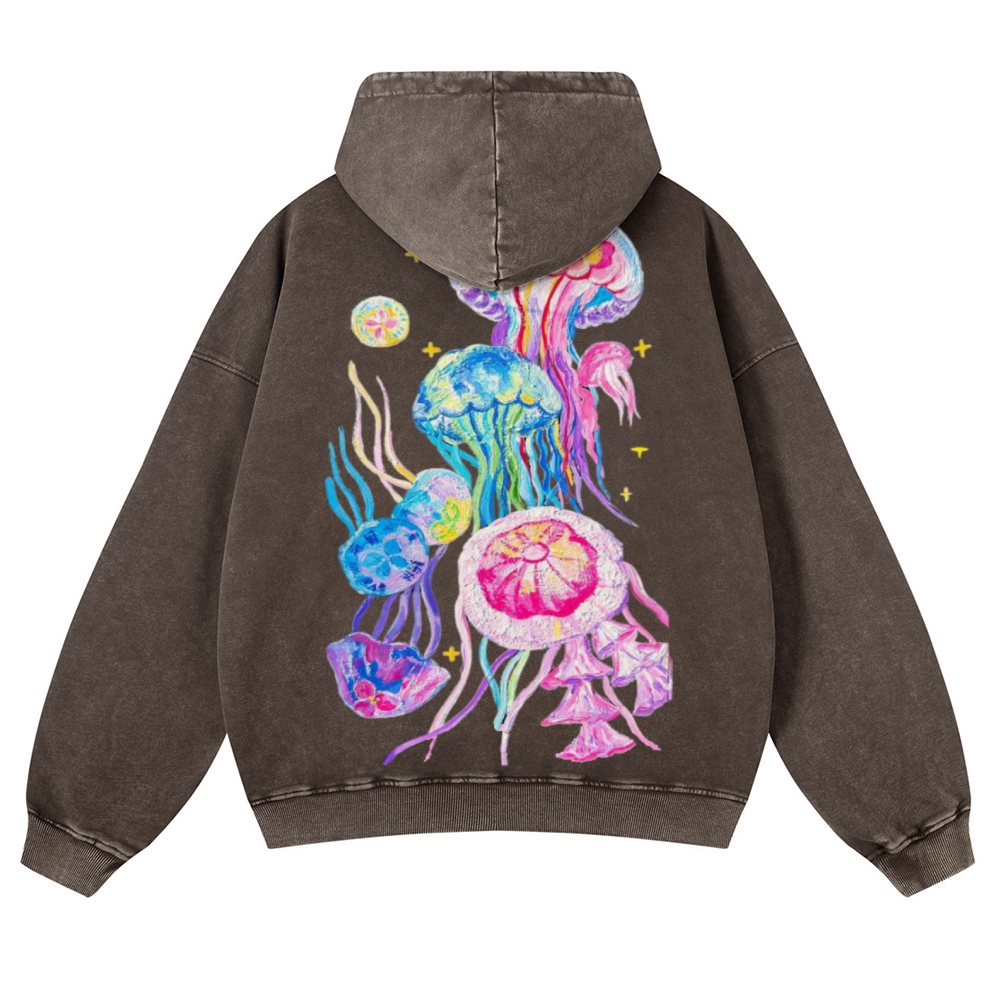Jellyfish Back Print Casual Washed Hoodie