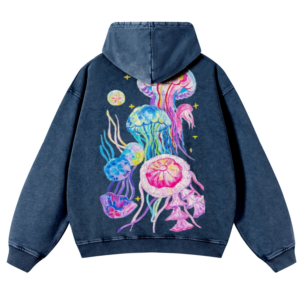 Jellyfish Back Print Casual Washed Hoodie