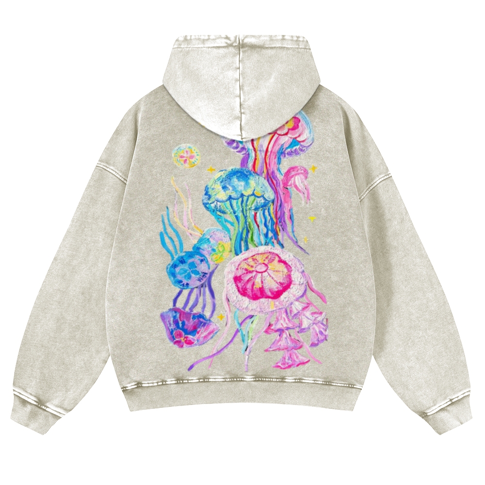 Jellyfish Back Print Casual Washed Hoodie