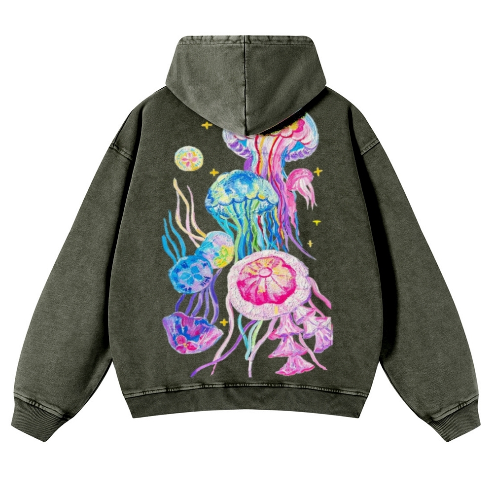Jellyfish Back Print Casual Washed Hoodie