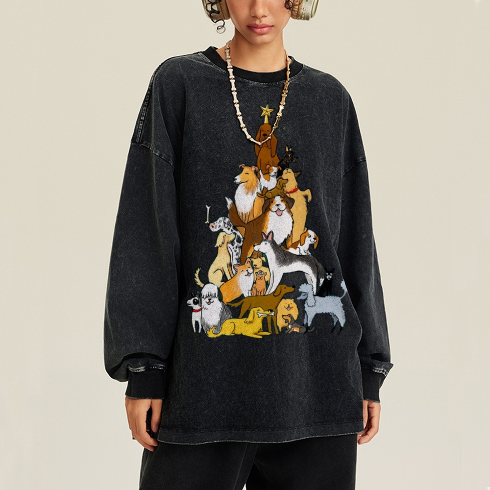 Puppy Tree Unisex Casual Washed Printed Long Sleeve T-shirt