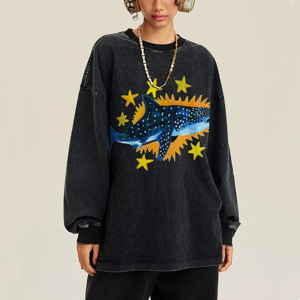 Cute Shark Unisex Casual Washed Printed Long Sleeve T-shirt