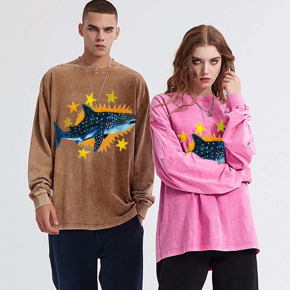 Cute Shark Unisex Casual Washed Printed Long Sleeve T-shirt