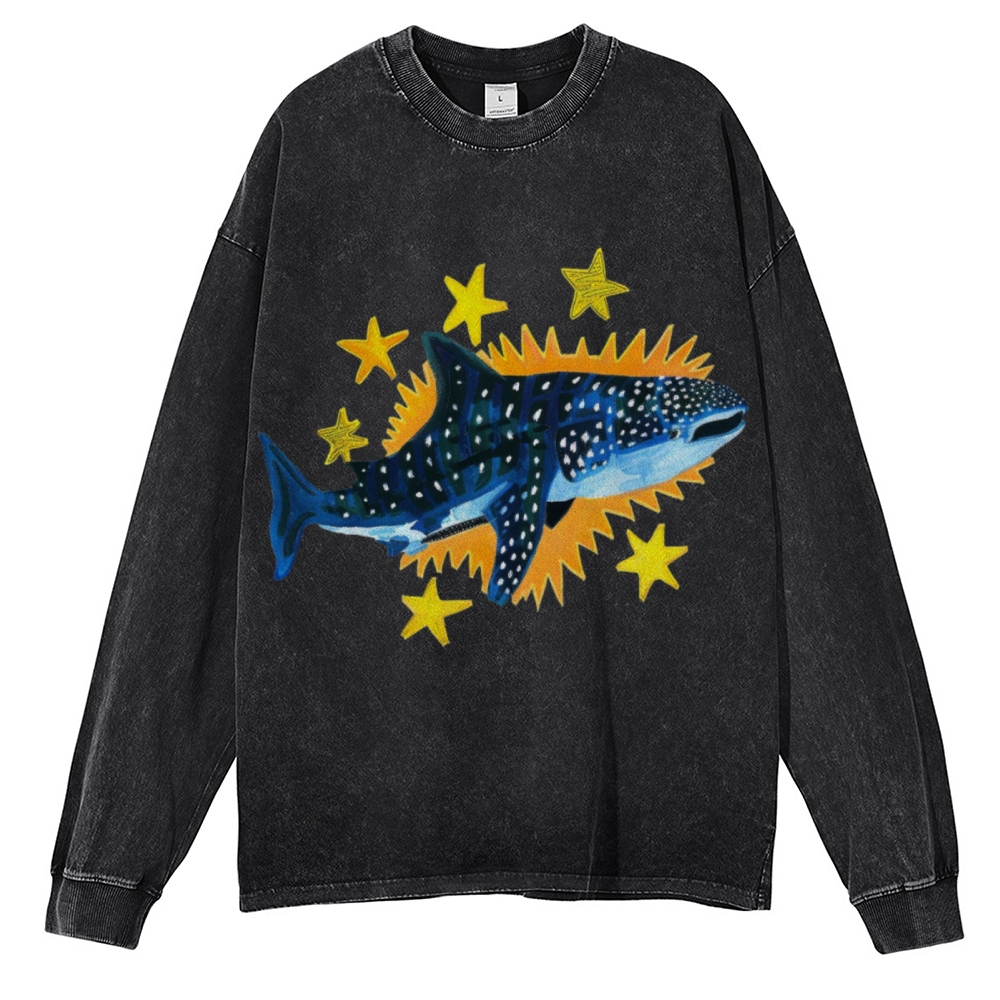 Cute Shark Unisex Casual Washed Printed Long Sleeve T-shirt