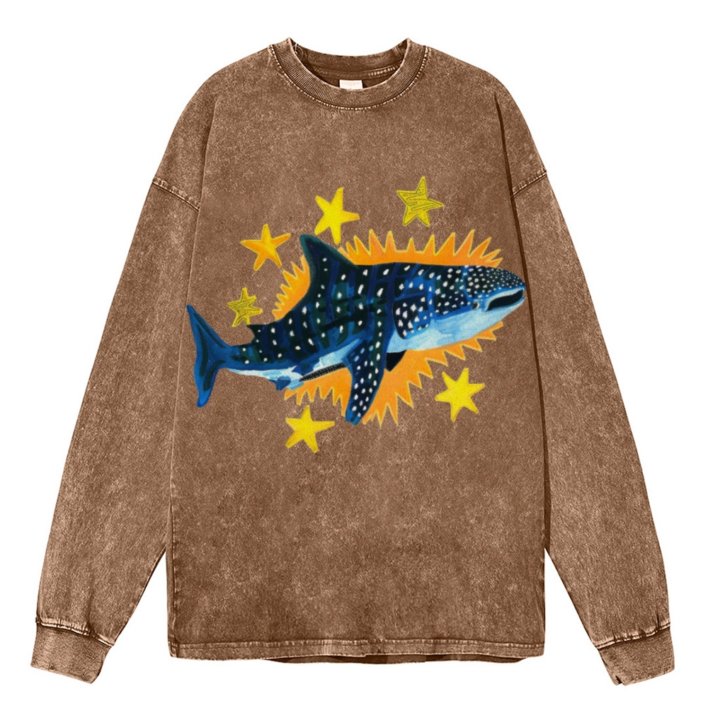 Cute Shark Unisex Casual Washed Printed Long Sleeve T-shirt