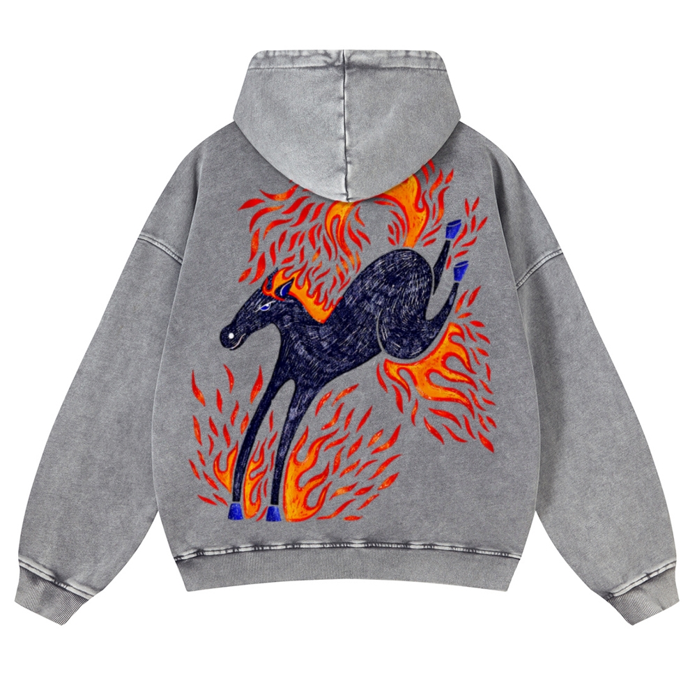 Flaming Black Horse Back Print Casual Washed Hoodie