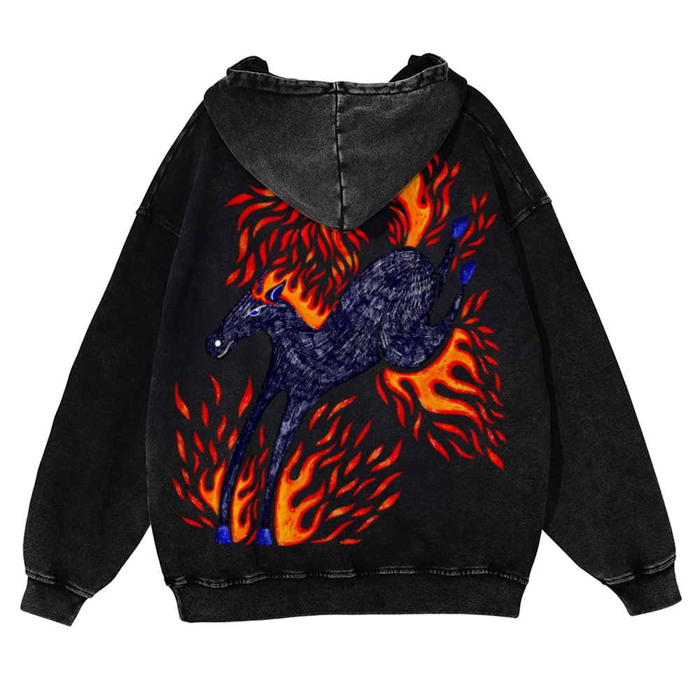 Flaming Black Horse Back Print Casual Washed Hoodie