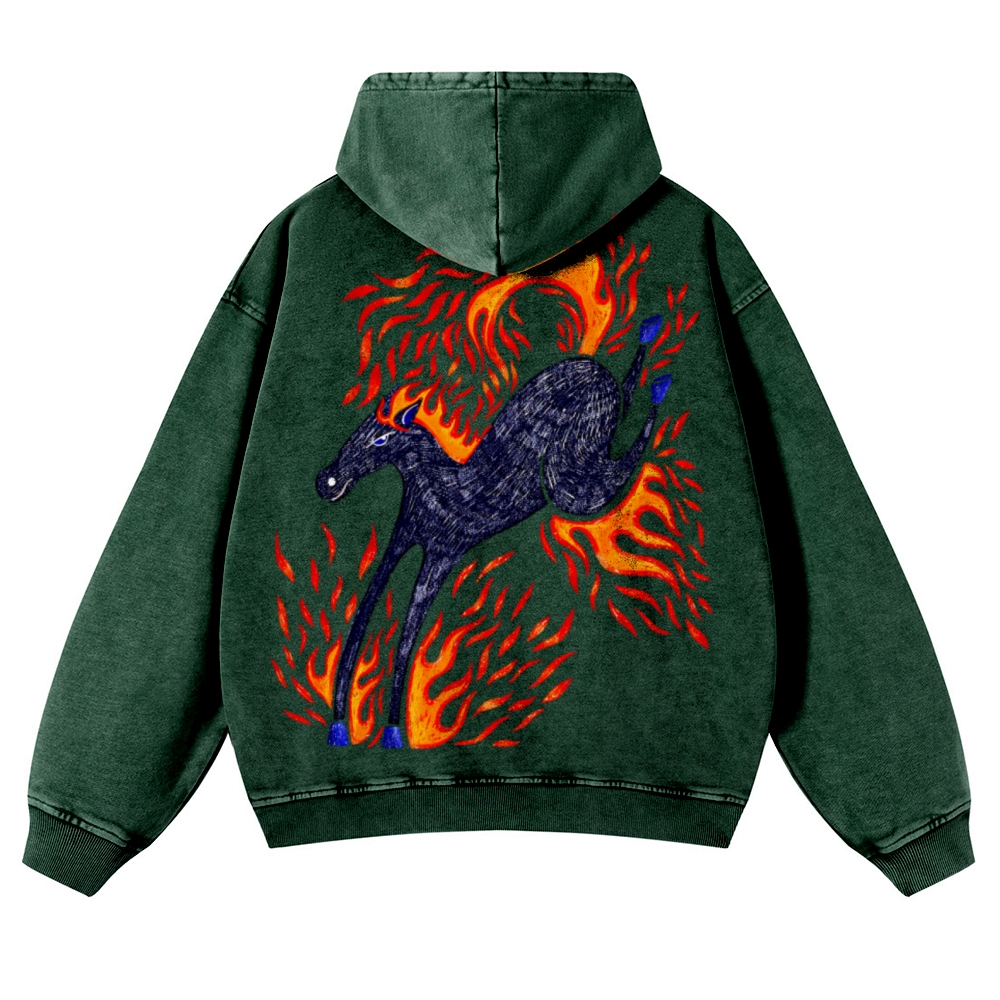 Flaming Black Horse Back Print Casual Washed Hoodie