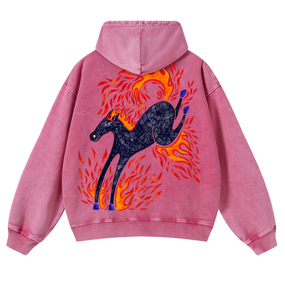 Flaming Black Horse Back Print Casual Washed Hoodie
