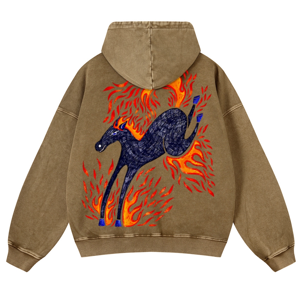 Flaming Black Horse Back Print Casual Washed Hoodie