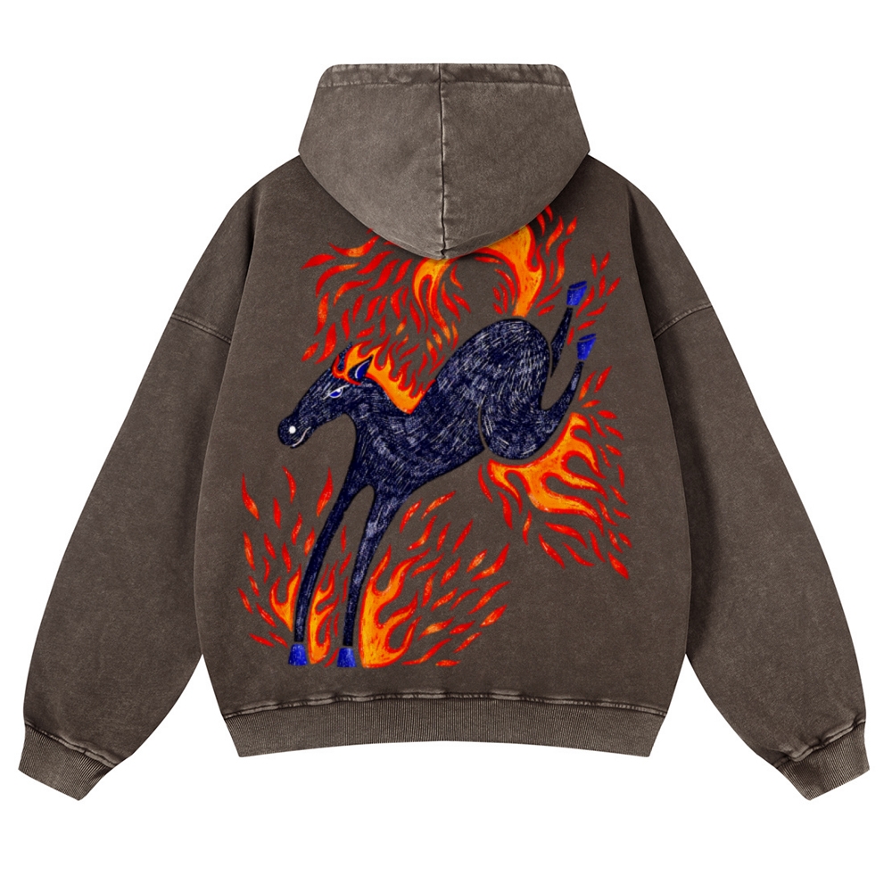 Flaming Black Horse Back Print Casual Washed Hoodie