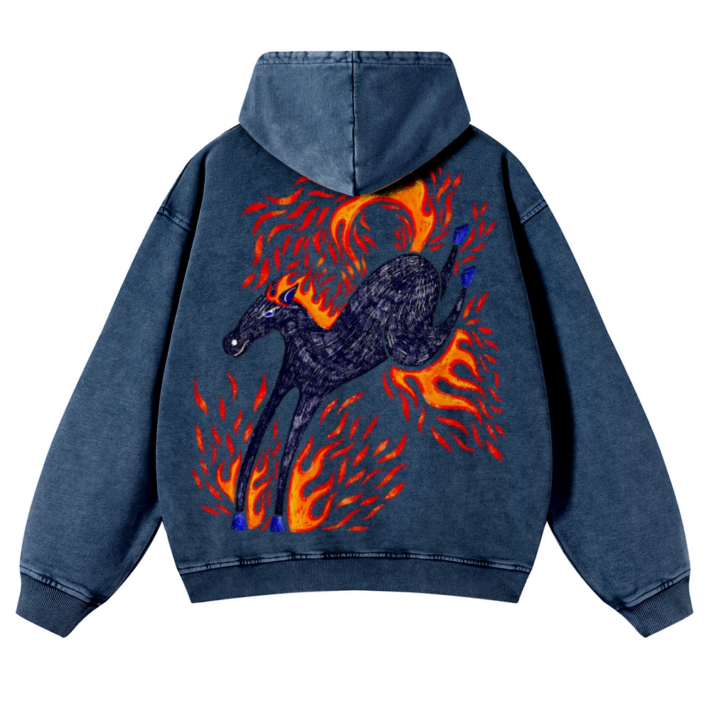 Flaming Black Horse Back Print Casual Washed Hoodie