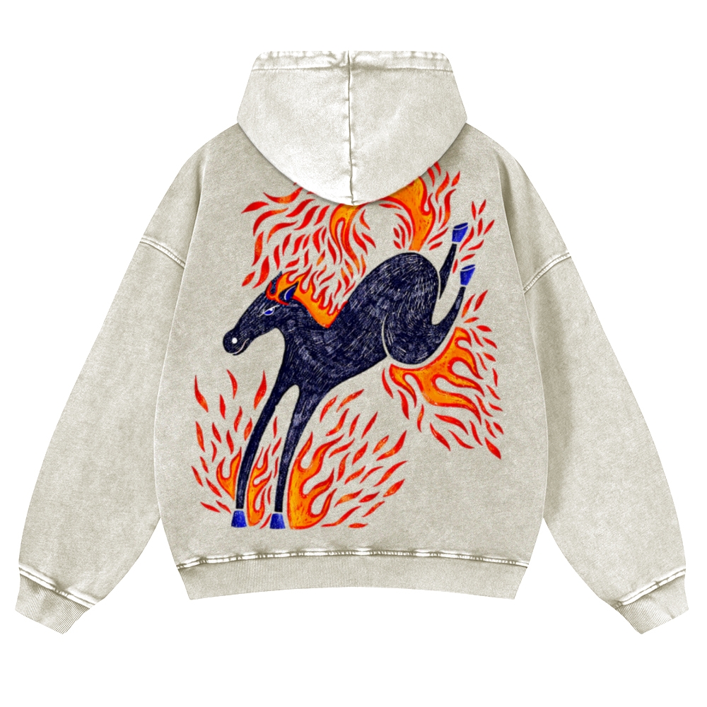 Flaming Black Horse Back Print Casual Washed Hoodie