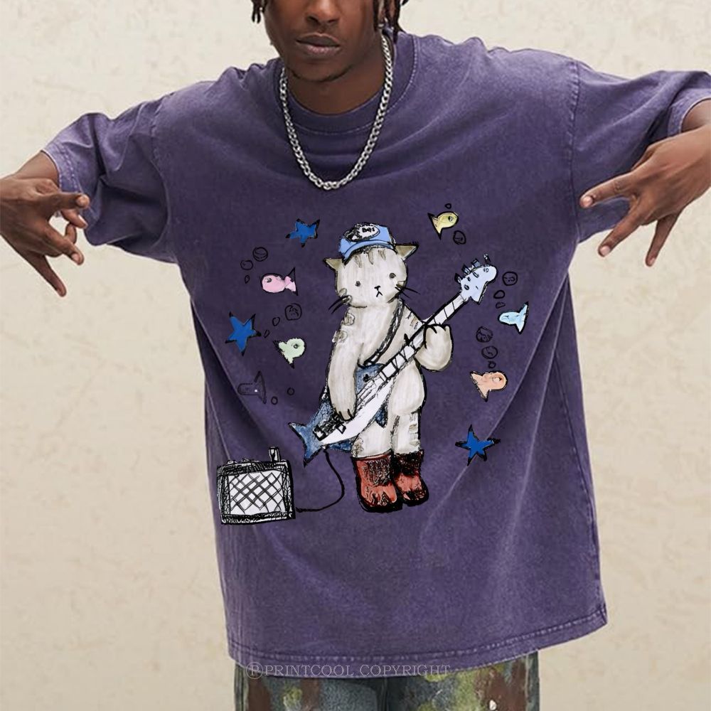 Rock  Star Cat Performance Unisex Vintage Washed Tee