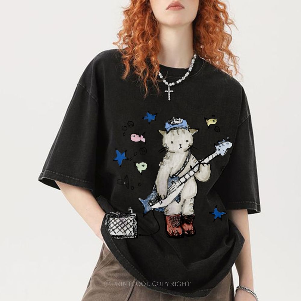 Rock  Star Cat Performance Unisex Vintage Washed Tee