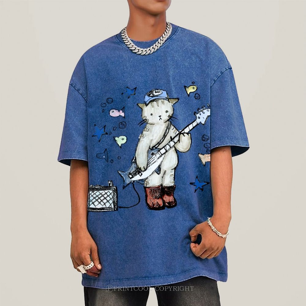 Rock  Star Cat Performance Unisex Vintage Washed Tee