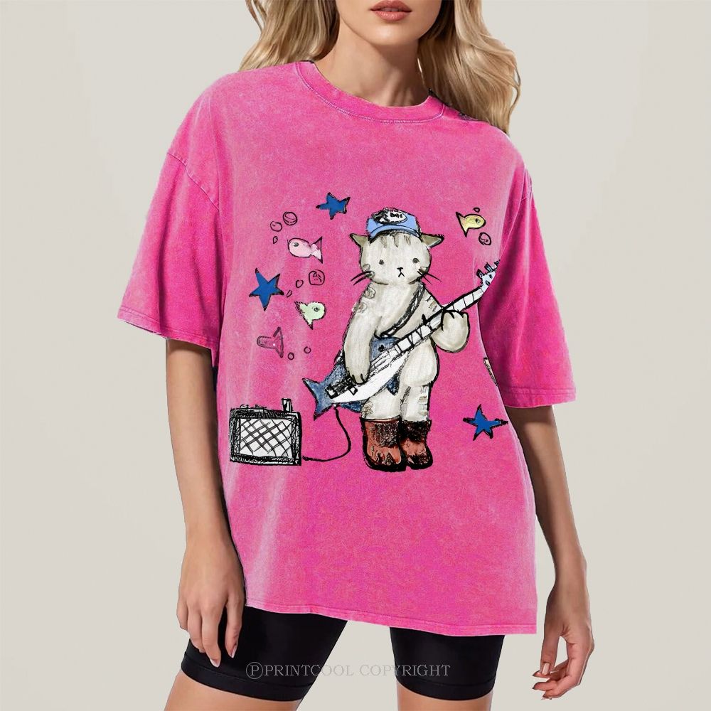 Rock  Star Cat Performance Unisex Vintage Washed Tee