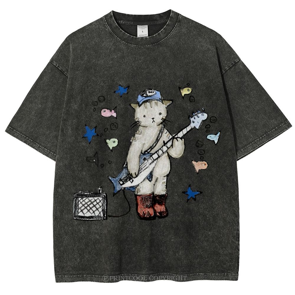 Rock  Star Cat Performance Unisex Vintage Washed Tee