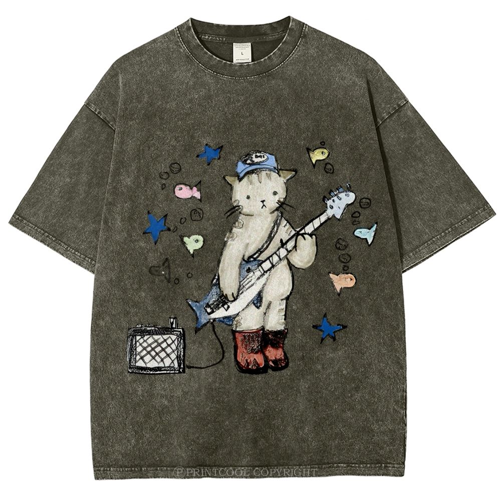 Rock  Star Cat Performance Unisex Vintage Washed Tee